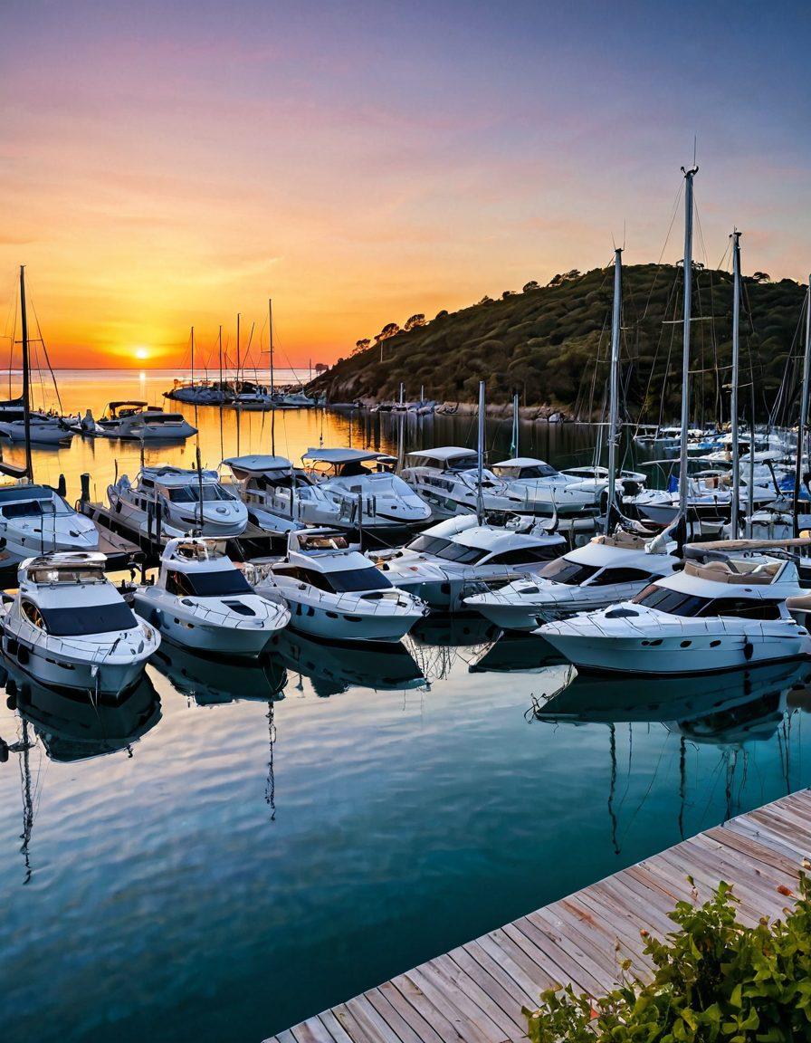 A scenic marina at sunset filled with various yachts and sailboats, showcasing their distinct styles and sizes, with a calm blue ocean reflecting the vibrant colors of the sky. Include a friendly insurance agent discussing options with a couple on the dock, with informational brochures and charts spread out on a table. Emphasize the sense of adventure and security that comes with proper insurance. super-realistic. vibrant colors. 3D.
