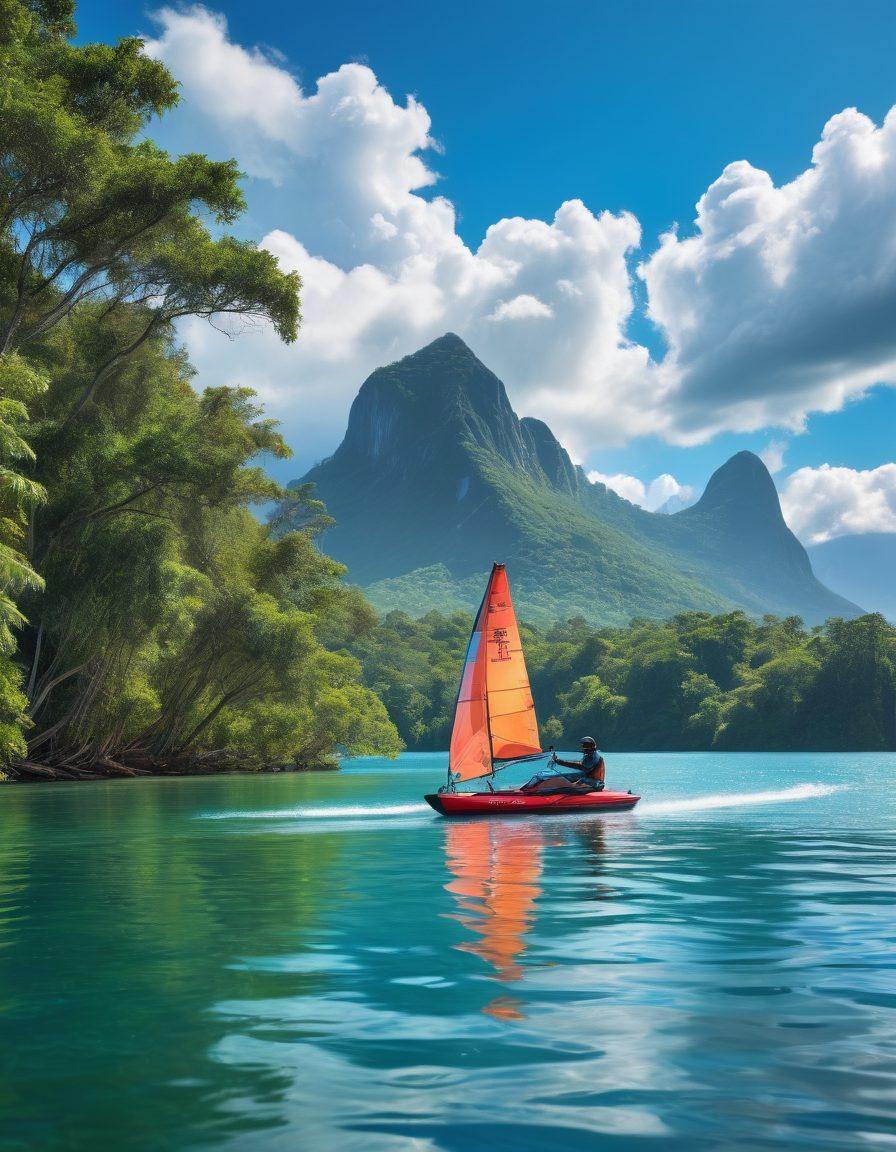 A serene lakeside scene featuring different watercrafts - a kayaker gliding through crystal-clear waters, a vibrant sailboat with billowing sails, and a jet ski making splashes. In the foreground, a protective umbrella and gear symbolize safety and coverage. The background showcases lush greenery and a bright blue sky with fluffy clouds, creating an adventurous and secure atmosphere. vibrant colors. super-realistic.