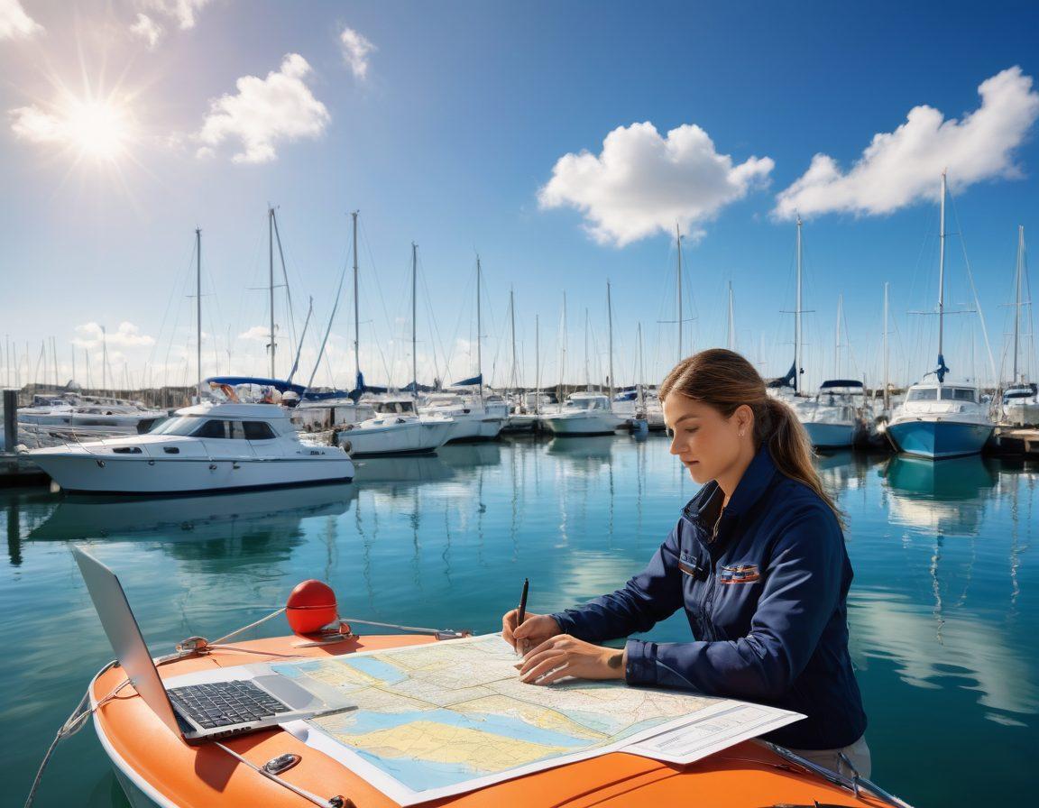 A serene marina scene featuring a variety of boats anchored safely, with a backdrop of calm waters and bright blue skies. In the foreground, a boater is examining a nautical map, symbolizing navigation, while nearby, two people discuss insurance documents with a laptop open, highlighting the importance of marine risk and liability. Include subtle icons of safety, like life jackets and buoys, blending into the environment. super-realistic. vibrant colors. 3D.